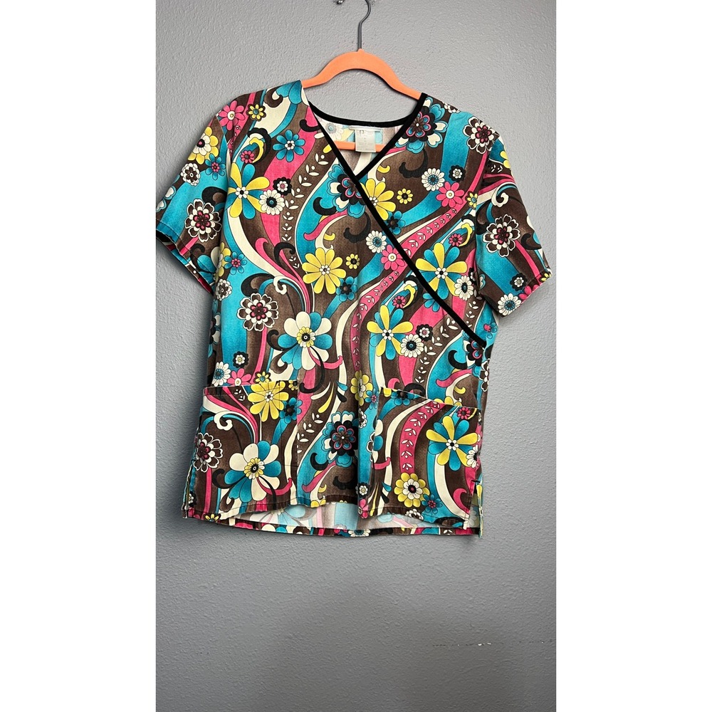 Set of 2 SB Scrubs Womens Medium Psychedelic Floral Mock Wrap Scrub Top Multi